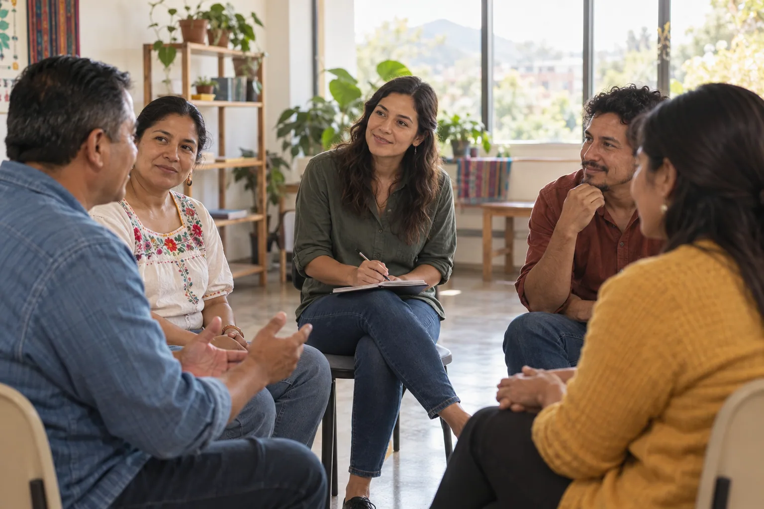 Personas adultas conversan en círculo durante una actividad grupal.